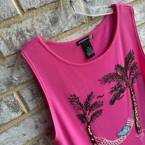 Sweaterworks Sleeveless Round Neck Tropical Embellished Tank Top Women's Size XL - Picture 4 of 7